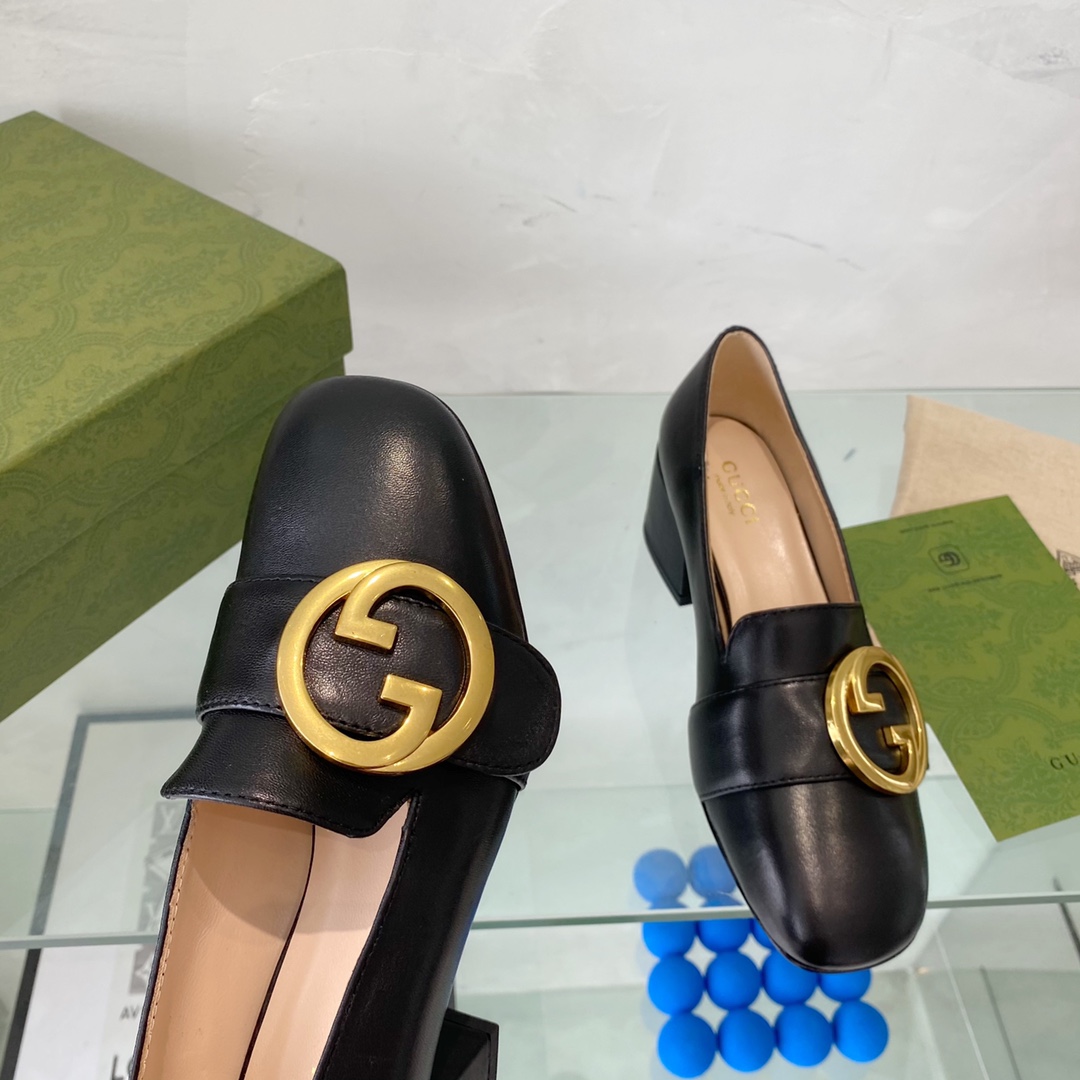 G*u*i women blondie mid-heel pump black leather round interlocking g