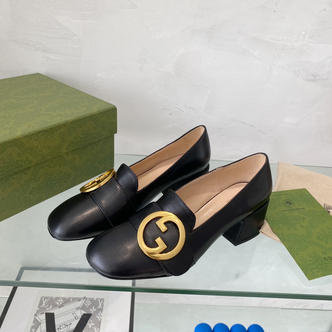 G*u*i women blondie mid-heel pump black leather round interlocking g
