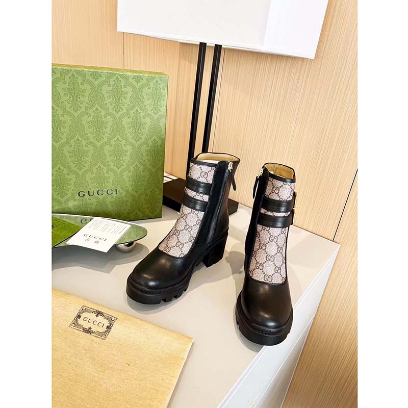 G*u*i women gg ankle boot buckles black leather rubber sole mid-heel