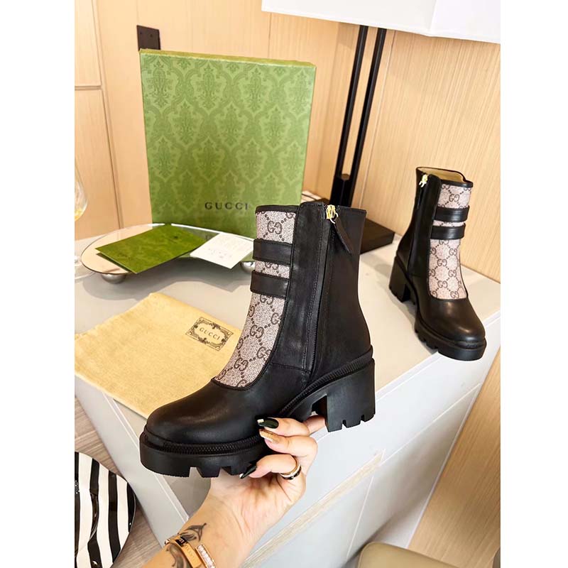 G*u*i women gg ankle boot buckles black leather rubber sole mid-heel