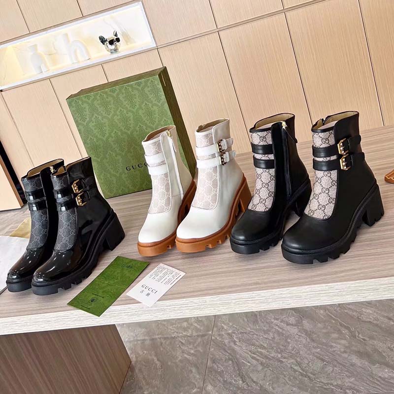 G*u*i women gg ankle boot buckles black leather rubber sole mid-heel