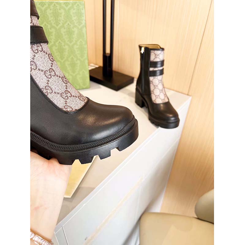 G*u*i women gg ankle boot buckles black leather rubber sole mid-heel