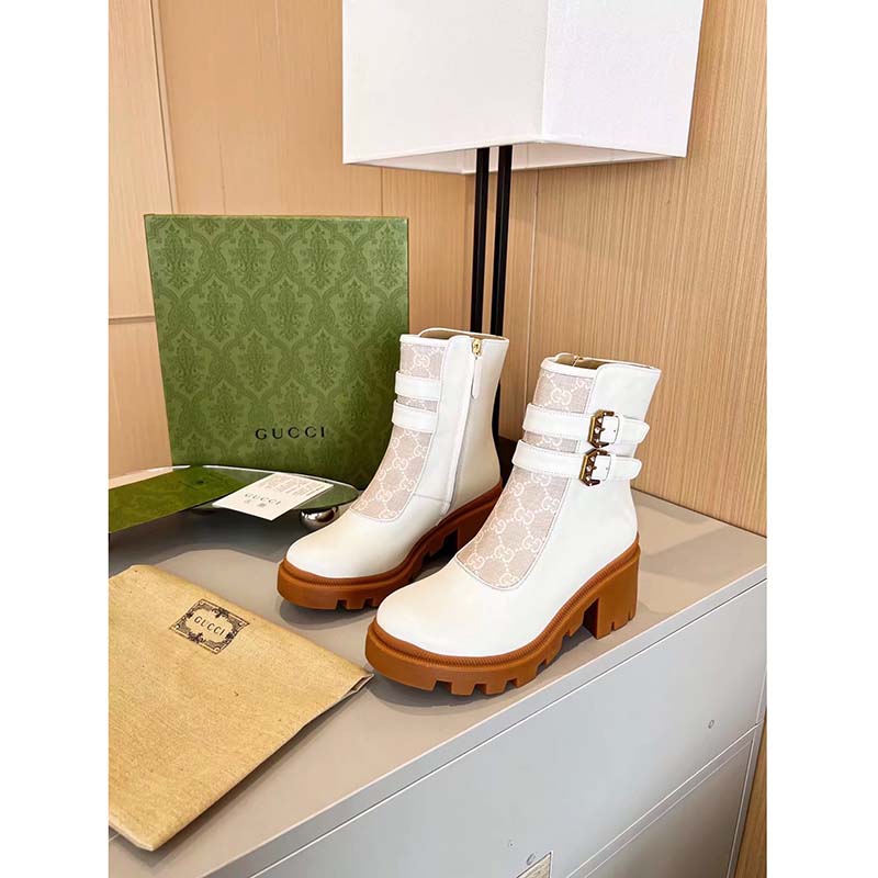 G*u*i women gg ankle boot buckles white leather rubber sole mid-heel