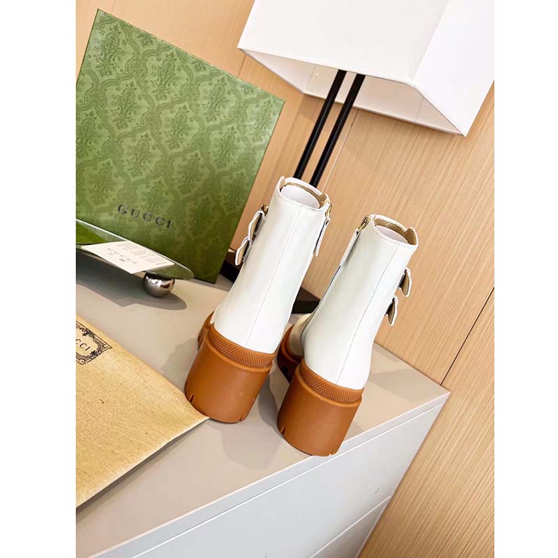 G*u*i women gg ankle boot buckles white leather rubber sole mid-heel