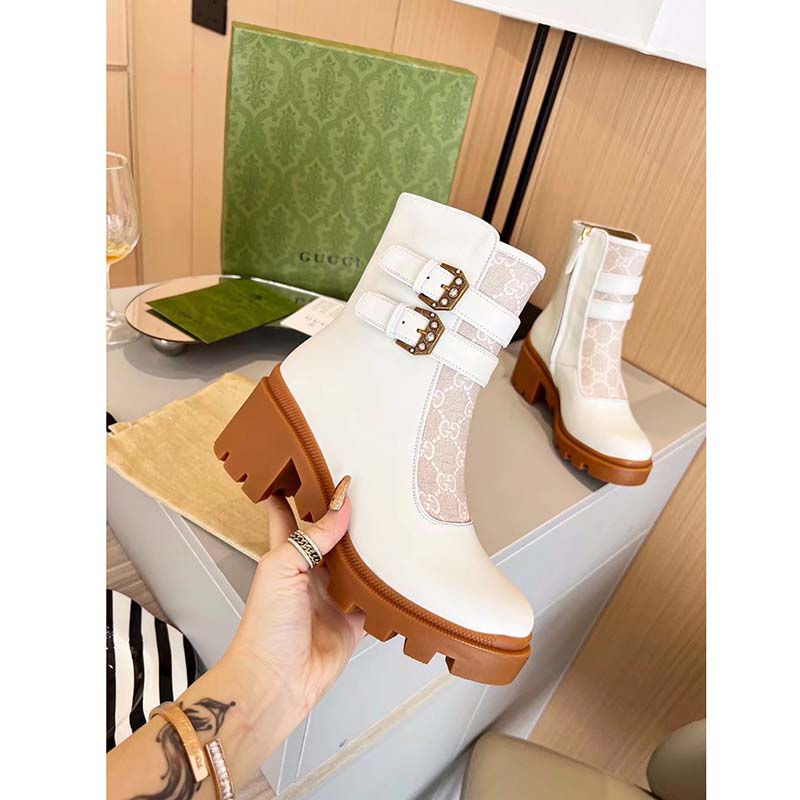 G*u*i women gg ankle boot buckles white leather rubber sole mid-heel