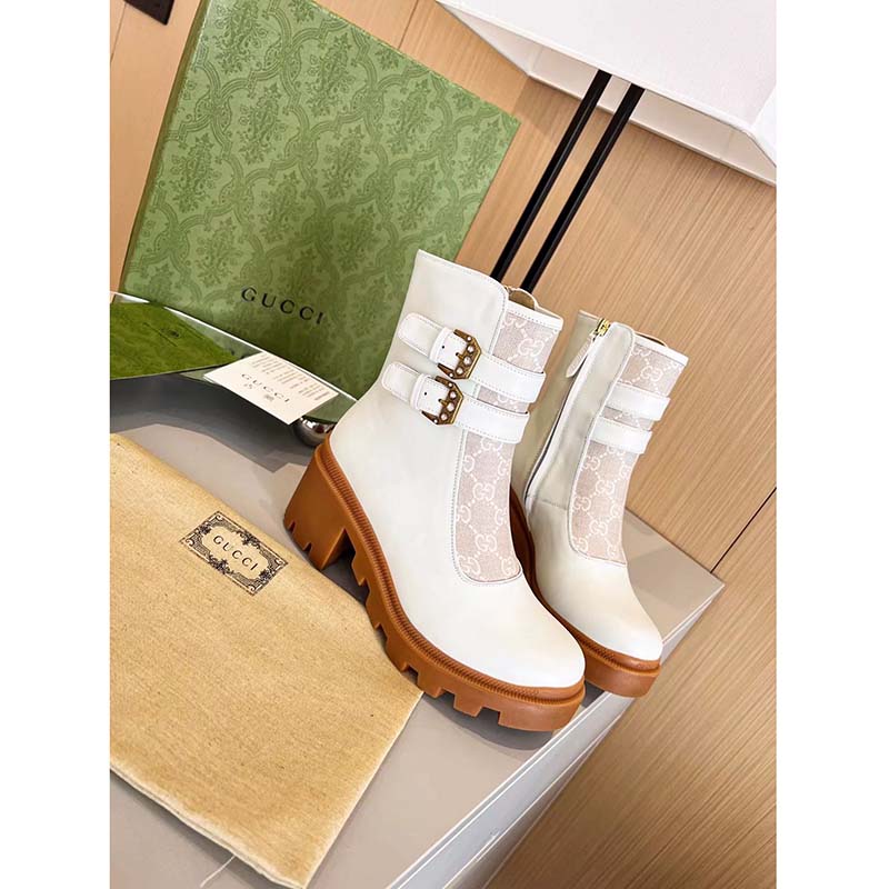 G*u*i women gg ankle boot buckles white leather rubber sole mid-heel