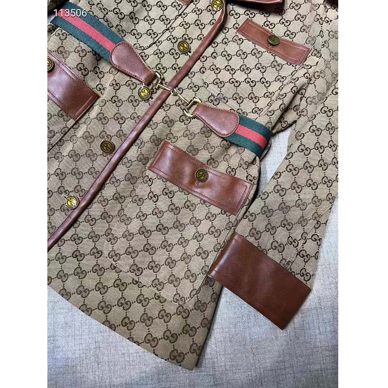 G*u*i women gg canvas jacket web belt cotton camel ebony point collar