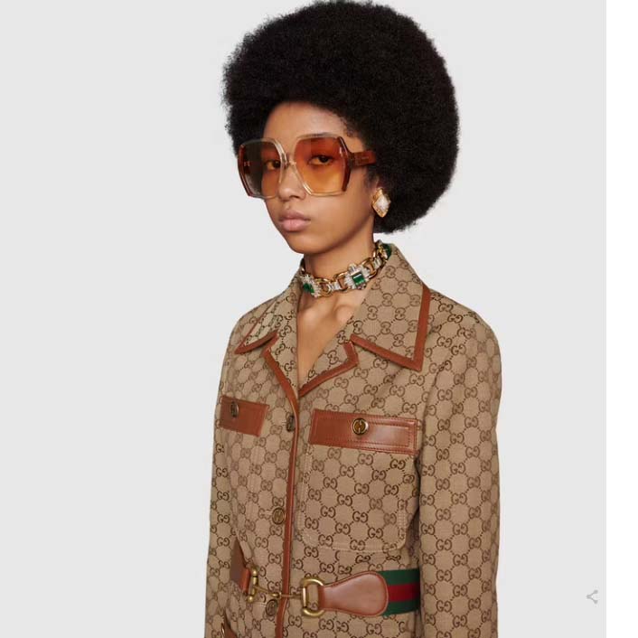 G*u*i women gg canvas jacket web belt cotton camel ebony point collar