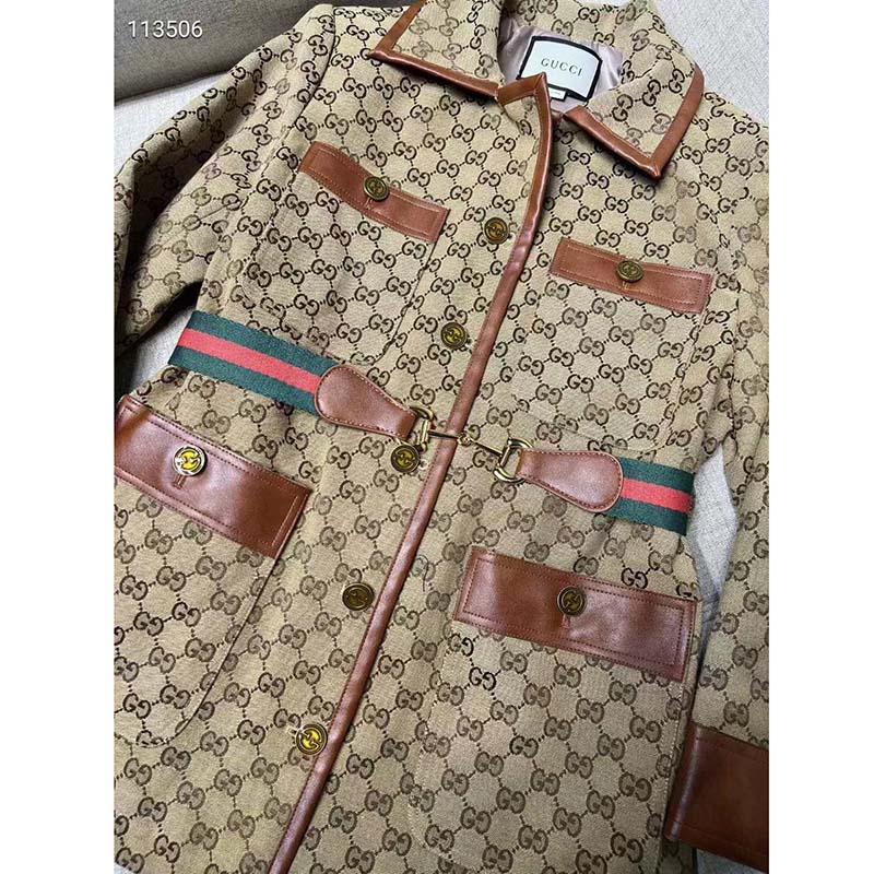 G*u*i women gg canvas jacket web belt cotton camel ebony point collar