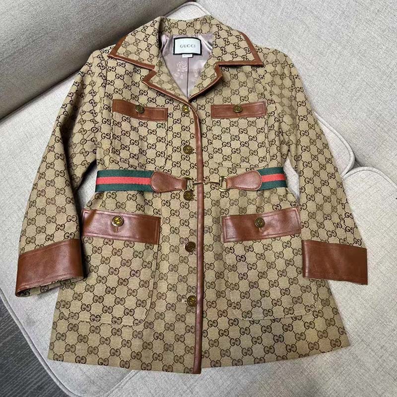G*u*i women gg canvas jacket web belt cotton camel ebony point collar