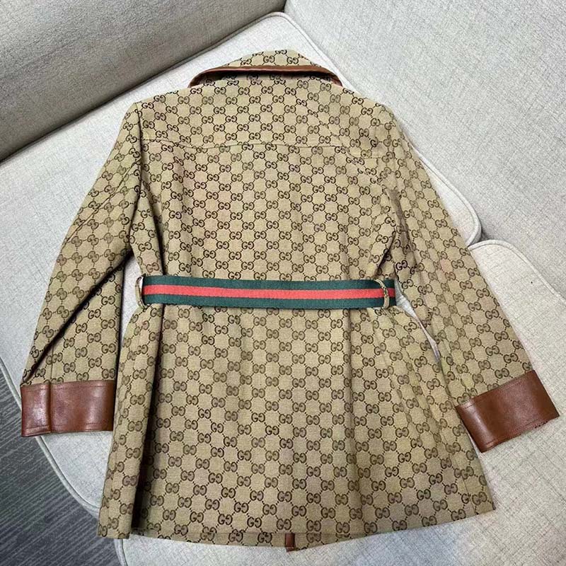 G*u*i women gg canvas jacket web belt cotton camel ebony point collar