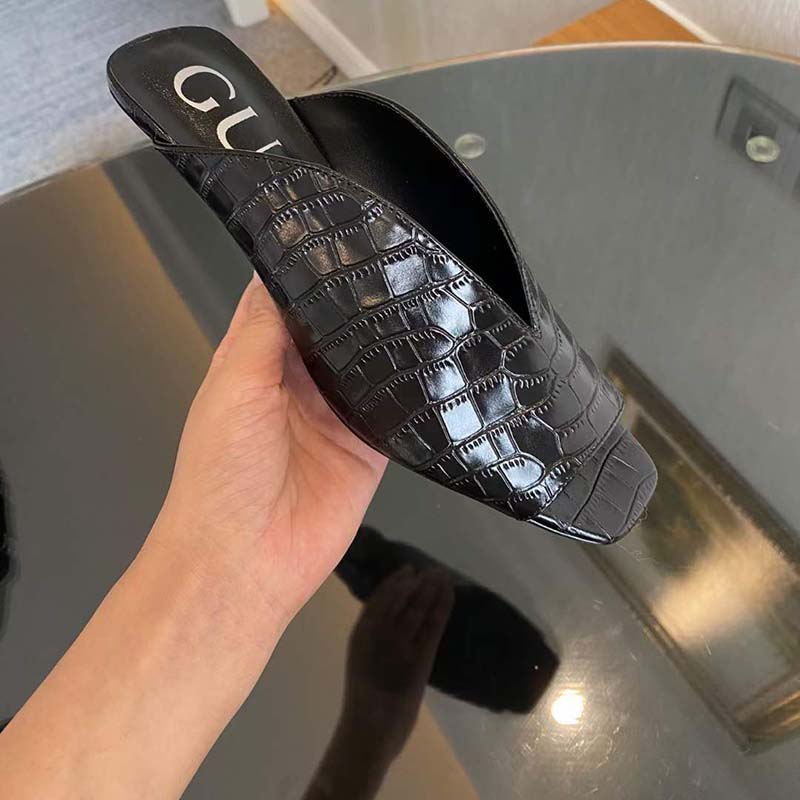 G*u*i women gg crocodile print pump square toe leather sole mid 7.6 cm heel