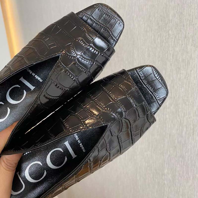 G*u*i women gg crocodile print pump square toe leather sole mid 7.6 cm heel