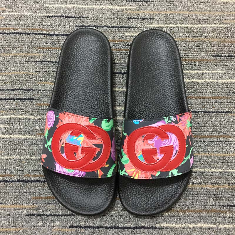 G*u*i women gg ken scott print slide sandal interlocking g patch flat