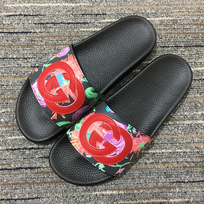 G*u*i women gg ken scott print slide sandal interlocking g patch flat