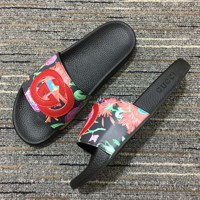 G*u*i women gg ken scott print slide sandal interlocking g patch flat