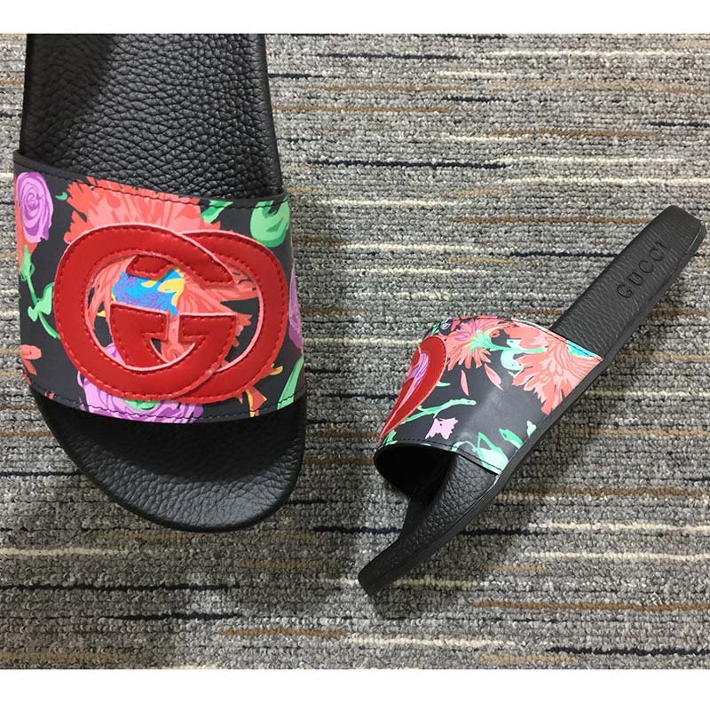 G*u*i women gg ken scott print slide sandal interlocking g patch flat