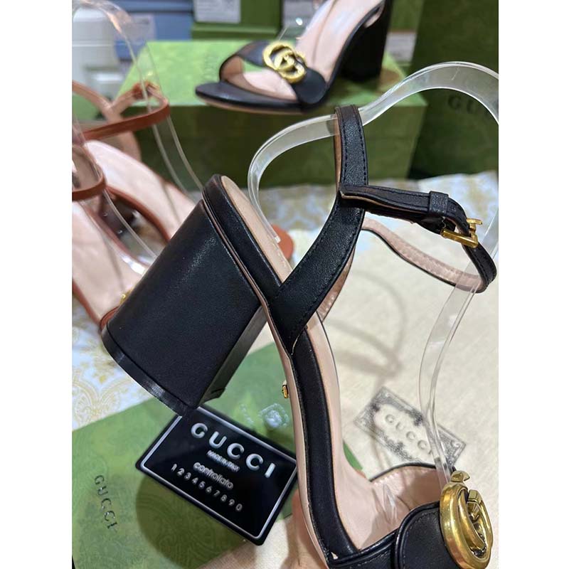G*u*i women gg leather mid-heel sandal black double g 8 cm heel