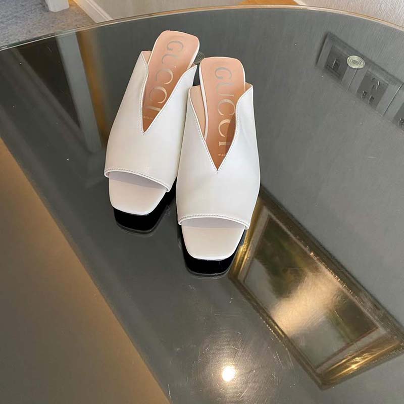 G*u*i women gg low heel sandal white leather square toe leather sole 3 cm heel