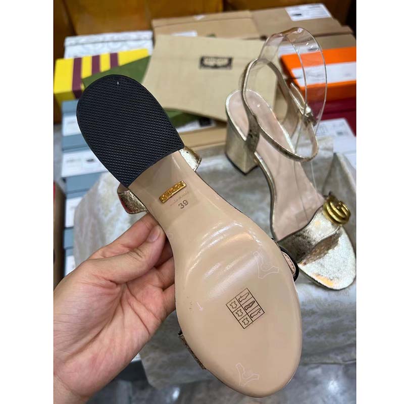 G*u*i women gg metallic laminate leather mid-heel sandal double g 8 cm heel