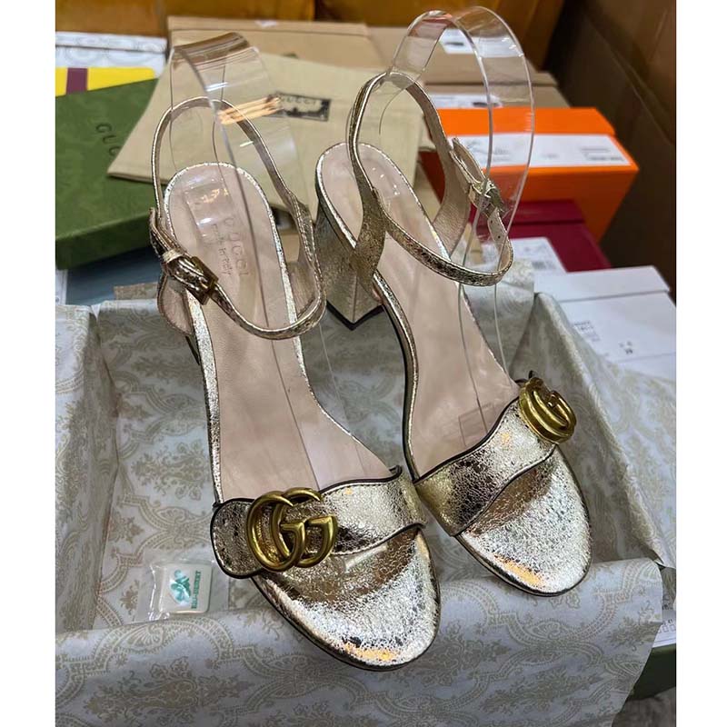 G*u*i women gg metallic laminate leather mid-heel sandal double g 8 cm heel