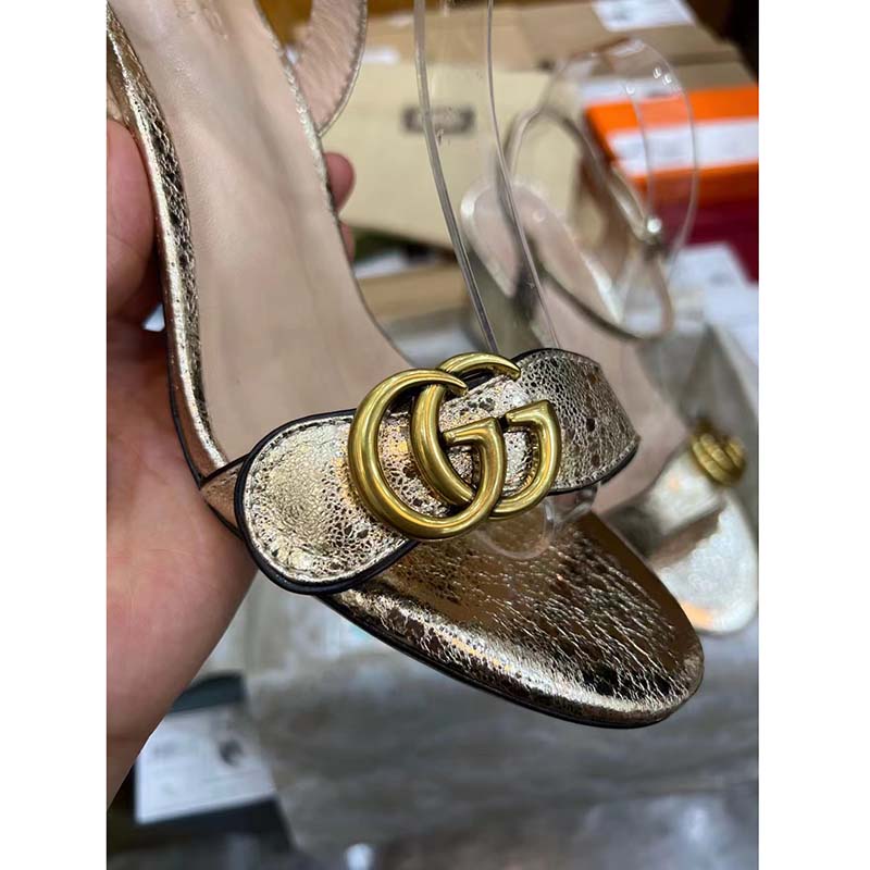 G*u*i women gg metallic laminate leather mid-heel sandal double g 8 cm heel