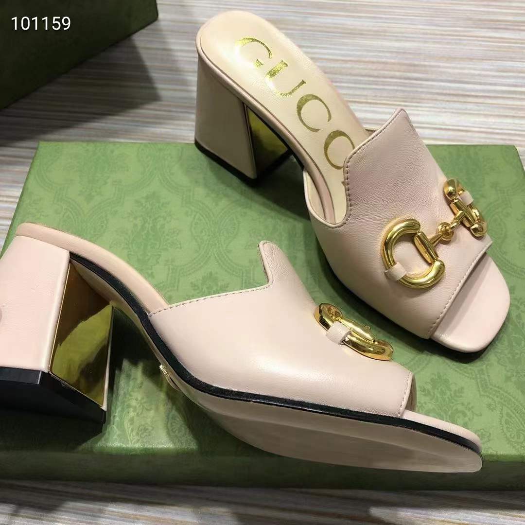 G*u*i women gg slide sandal horsebit pink leather mid 7.6 cm heel