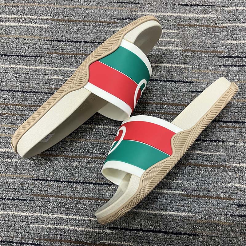 G*u*i women interlocking g slide sandal striped rubber white footbed rubber sole flat