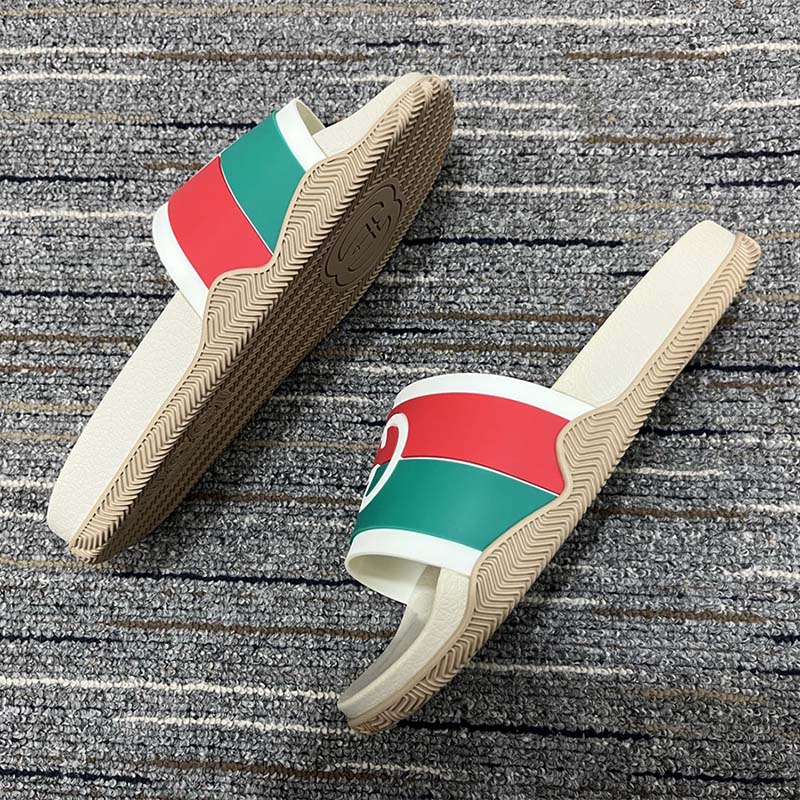 G*u*i women interlocking g slide sandal striped rubber white footbed rubber sole flat