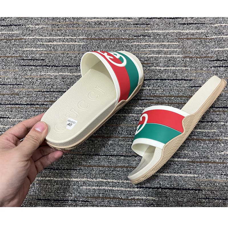 G*u*i women interlocking g slide sandal striped rubber white footbed rubber sole flat