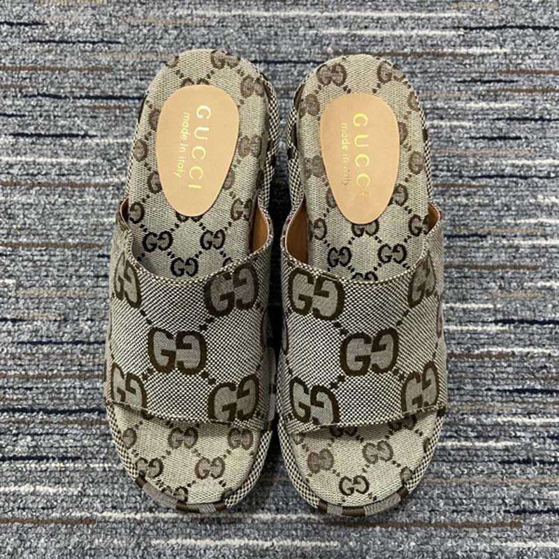 G*u*i women platform slide sandal camel ebony maxi gg canvas high heel 10 cm
