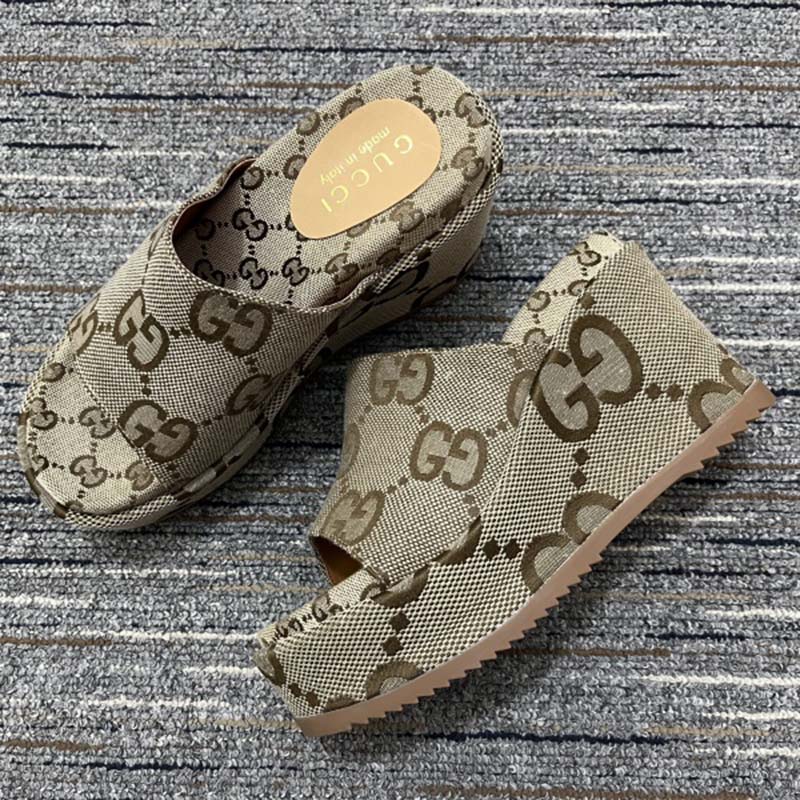 G*u*i women platform slide sandal camel ebony maxi gg canvas high heel 10 cm