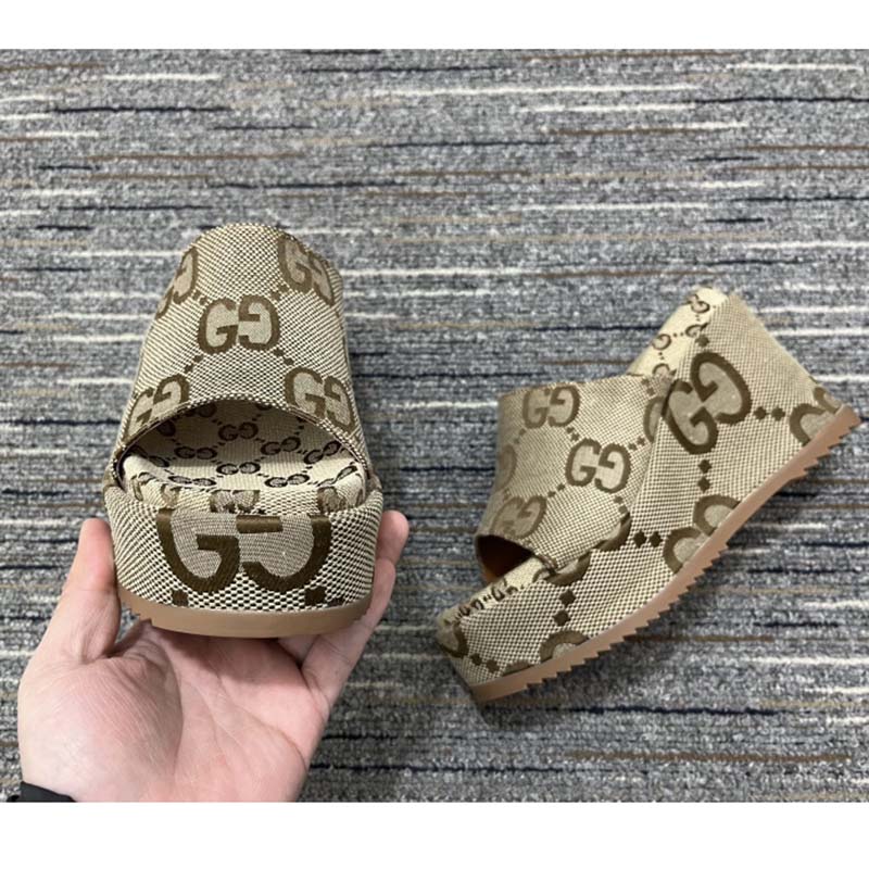 G*u*i women platform slide sandal camel ebony maxi gg canvas high heel 10 cm