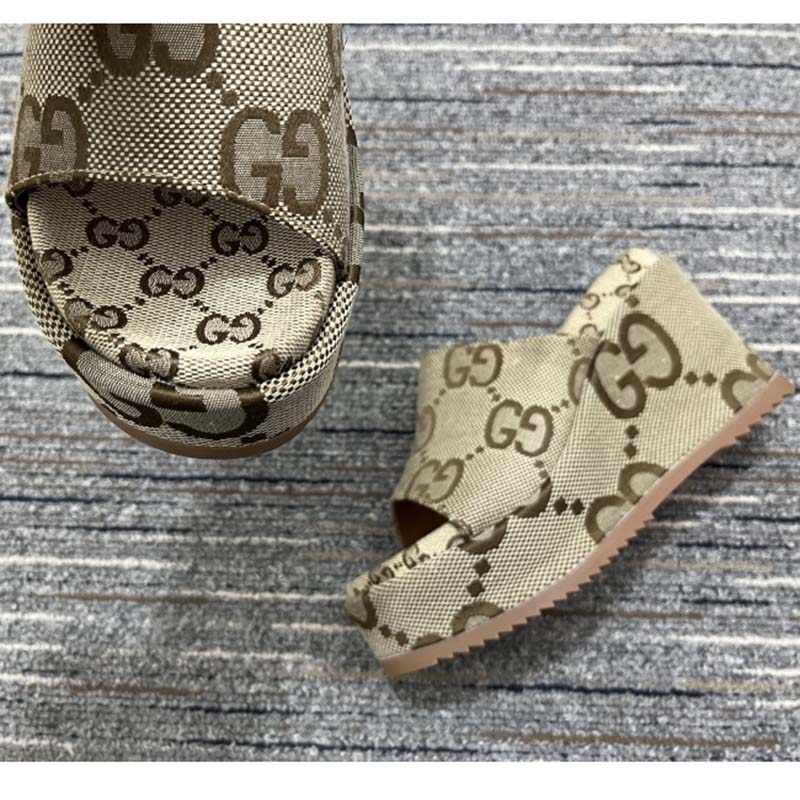 G*u*i women platform slide sandal camel ebony maxi gg canvas high heel 10 cm