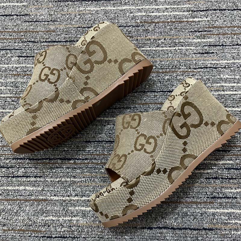 G*u*i women platform slide sandal camel ebony maxi gg canvas high heel 10 cm