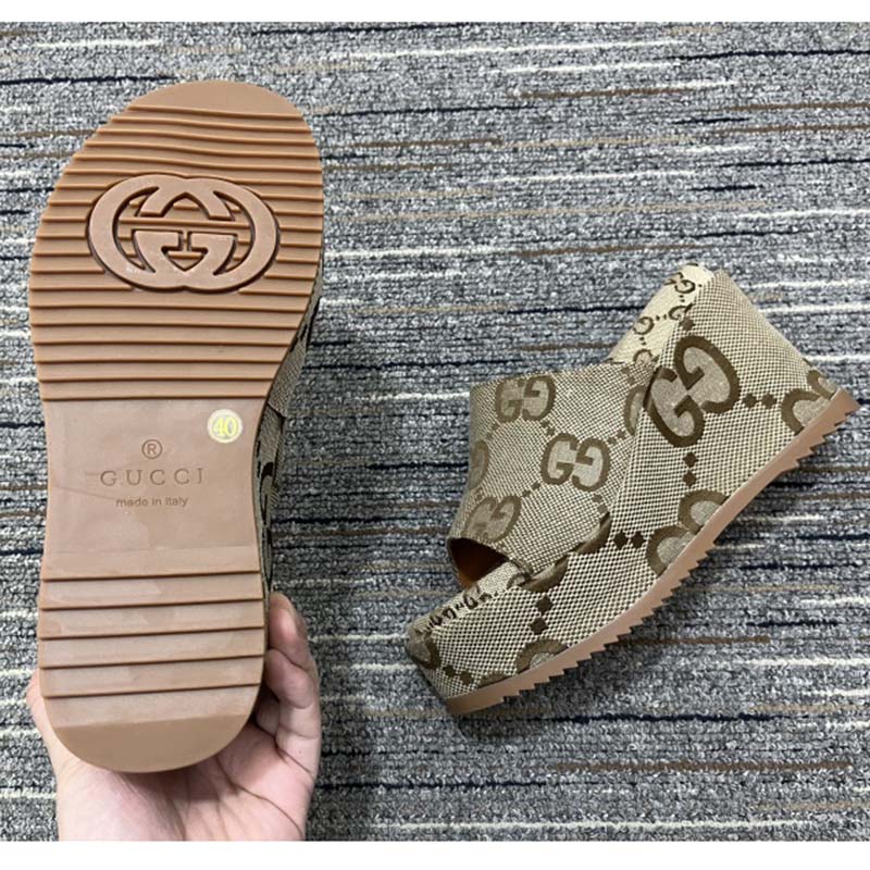 G*u*i women platform slide sandal camel ebony maxi gg canvas high heel 10 cm