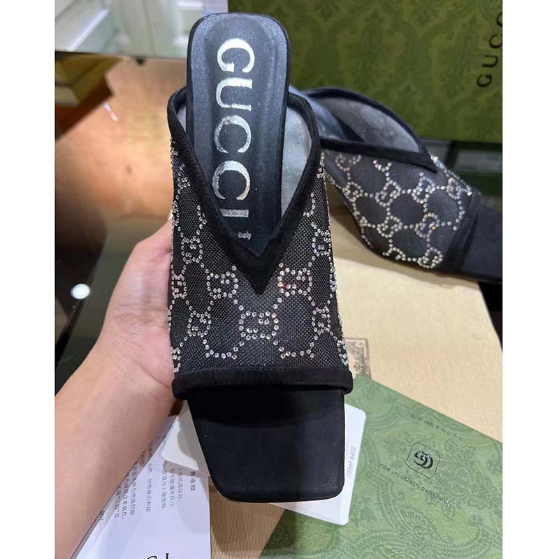 G*u*i women sandal black mesh gg crystals square toe mid heel 8 cm heel