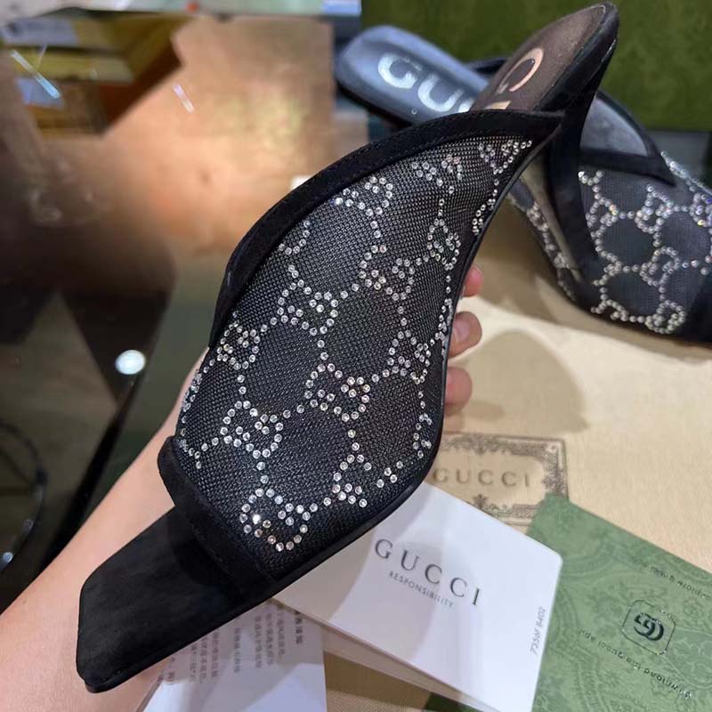 G*u*i women sandal black mesh gg crystals square toe mid heel 8 cm heel