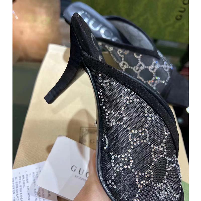 G*u*i women sandal black mesh gg crystals square toe mid heel 8 cm heel