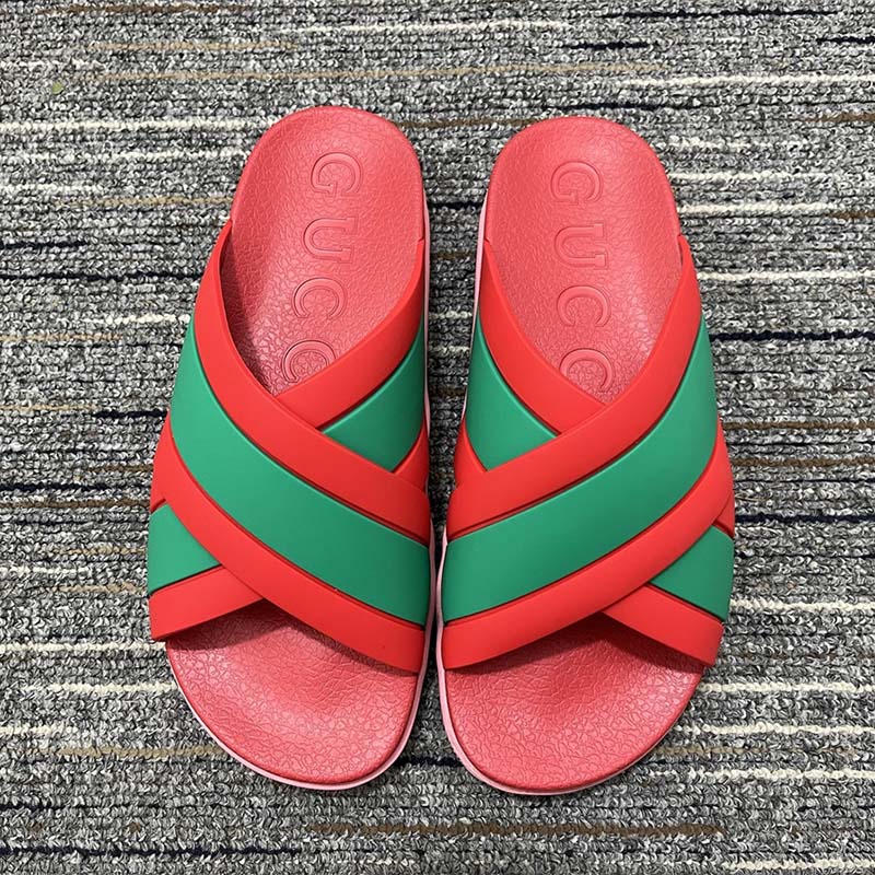 G*u*i women web slide sandal green red rubber web straps rubber sole flat