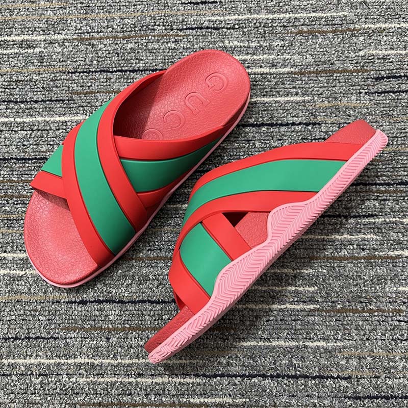 G*u*i women web slide sandal green red rubber web straps rubber sole flat