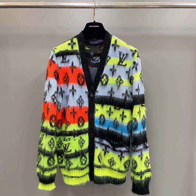Louis Vuitton LV Men Monogram Black Lime Mohair Cardigan Multicolor Regular Fit