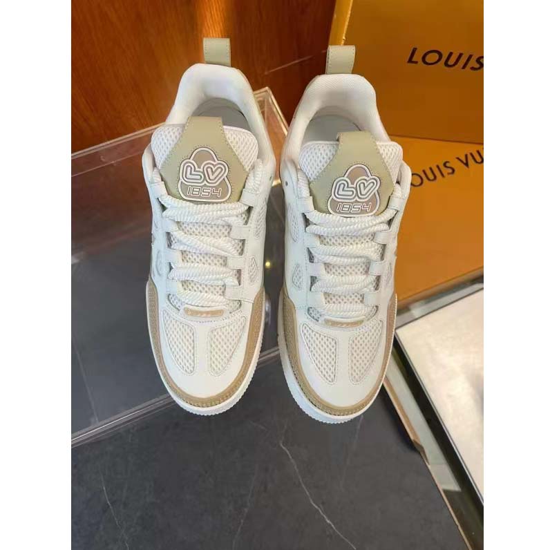 Louis Vuitton LV Unisex Trainer Sneaker Beige Monogram Denim Velcro Strap Rubber Outsole