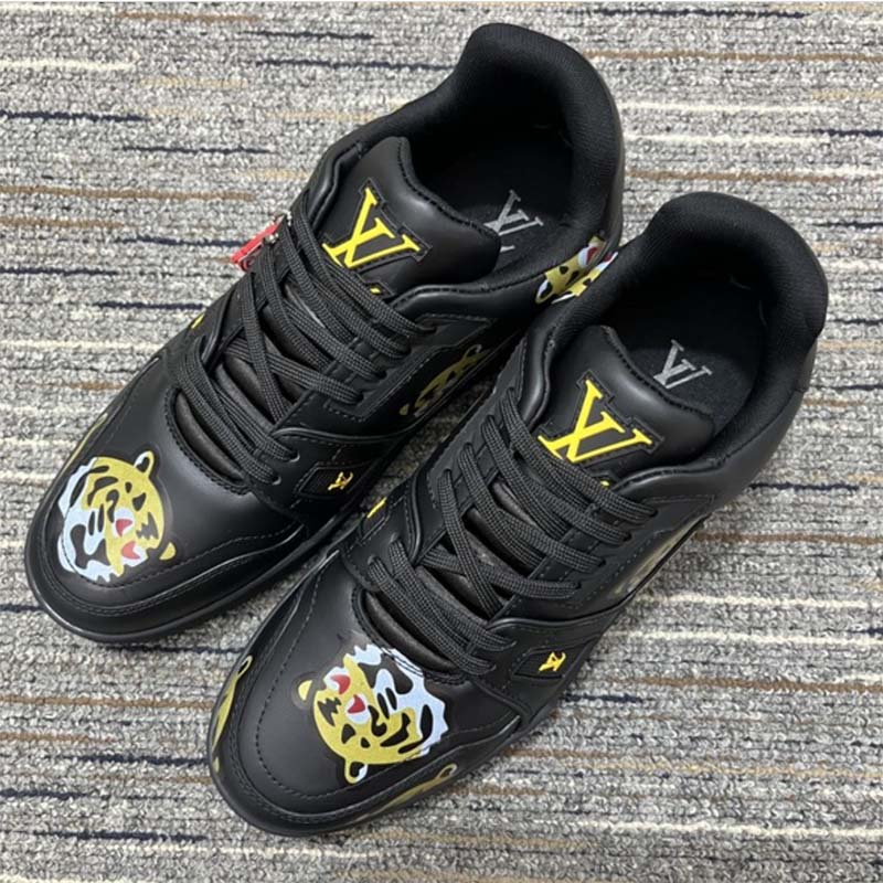 Louis Vuitton LV Unisex Trainer Sneaker Black Printed Calf Leather Rubber Outsole