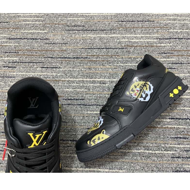 Louis Vuitton LV Unisex Trainer Sneaker Black Printed Calf Leather Rubber Outsole