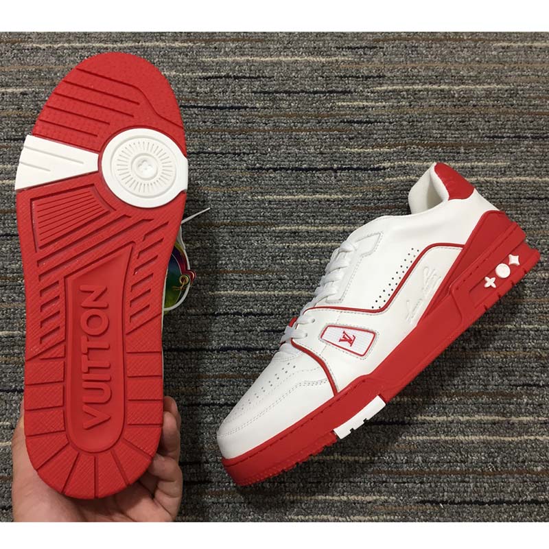 Louis Vuitton LV Unisex Trainer Sneaker Red White Calf Leather Rubber Monogram Flowers