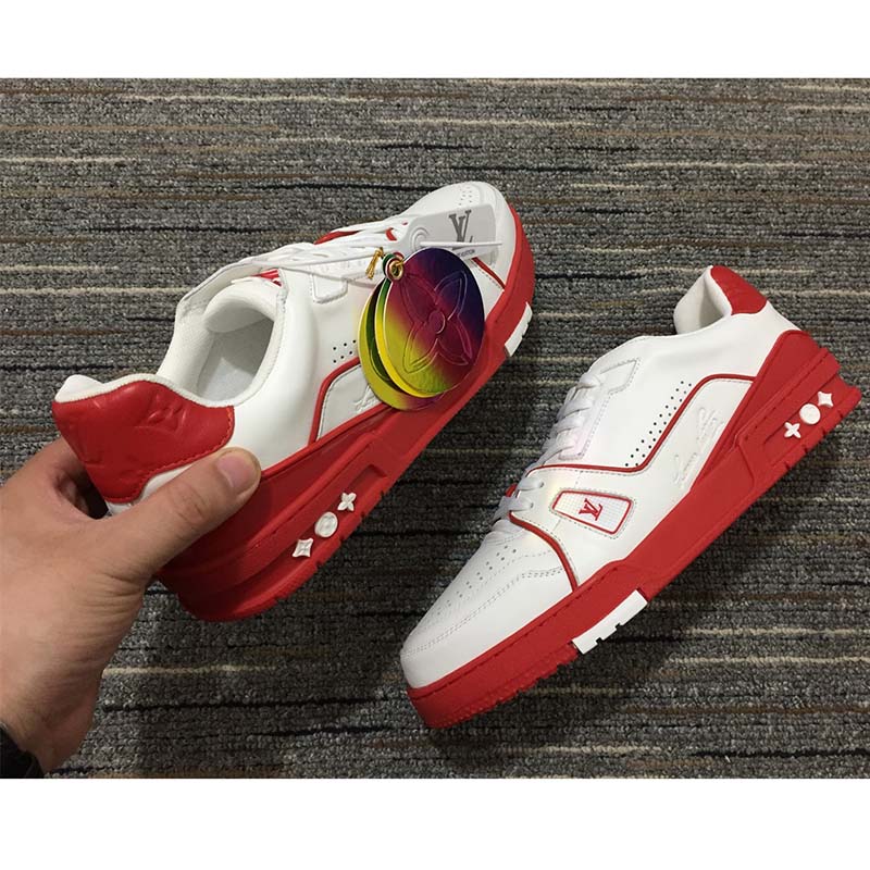 Louis Vuitton LV Unisex Trainer Sneaker Red White Calf Leather Rubber Monogram Flowers