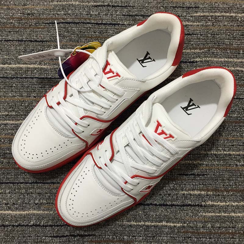 Louis Vuitton LV Unisex Trainer Sneaker Red White Calf Leather Rubber Monogram Flowers