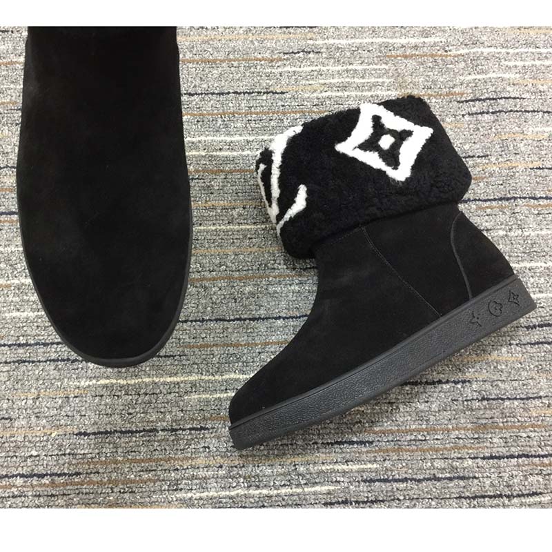 Louis Vuitton LV Women Snowdrop Flat Ankle Boot Black Suede Calf Leather Shearling Wool