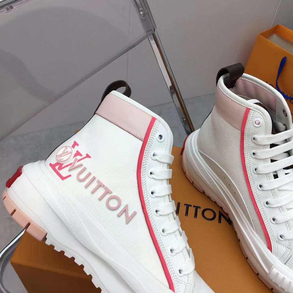 Louis Vuitton Unisex LV Squad Sneaker Boot Pink Canvas Rubber Outsole Circle